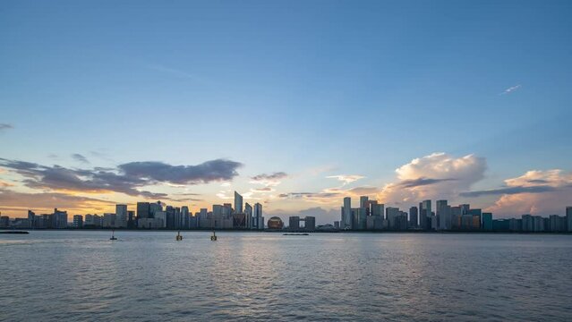 time lapse aerial view of cloud sky and modern cityscape of hangzhou qianjiang new city
