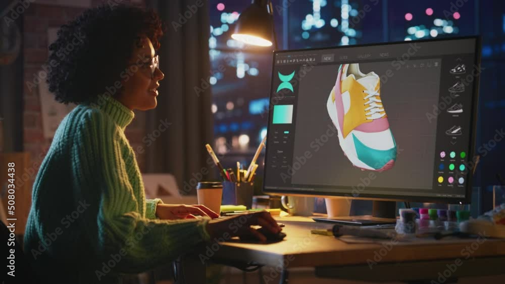 Aufkleber Progressive Female Designer Choose Colours and Rotate Object while Modelling 3D Shoe at Professional Desktop Computer. Black Woman Creating and Designing New 3D Model in CAD Program. Freelance Work
