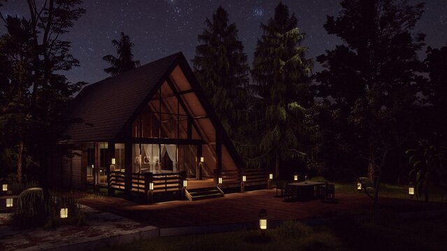 Hut Cottage House In The Night Dark Sky With Stars Black Forest Background 3d Illustration