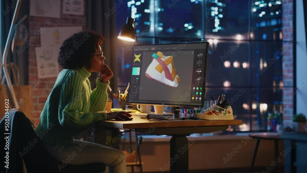 Aufkleber Multiracial Female Designer Working on Desktop Computer, Screen Showing Software with 3D Model of Shoe. Concentrated Woman Creating her Own Project, Using New Technology on Computer