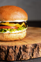 burger with meat, burger on a wooden table, juicy burger with different fillings