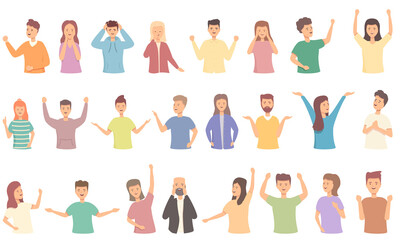 Fototapeta premium Delight icons set cartoon vector. Happy energy. Woman celebrate