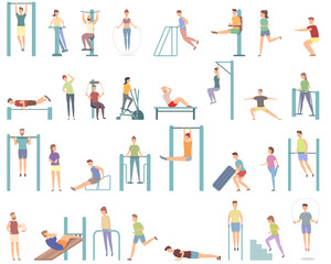 Sport workout on the street icons set cartoon vector. Active training. Street gym - obrazy, fototapety, plakaty