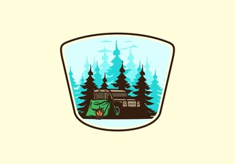 Camping beside the car in the forest illustration