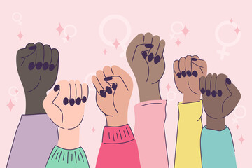 Movement against discrimination inequality anti-racism. Allyship woman feminism. International woman day. Multicultural hands holding. Community team concept. Racial equality.