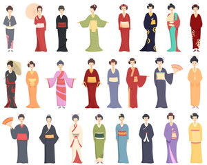 Geisha icons set cartoon vector. Japanese girl. Japan kimono