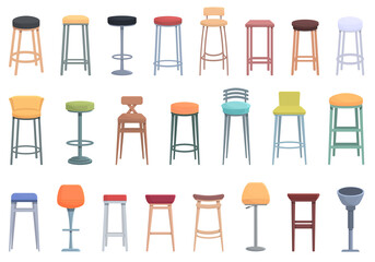 Bar stool icons set cartoon vector. Chair bench. Club furniture - obrazy, fototapety, plakaty