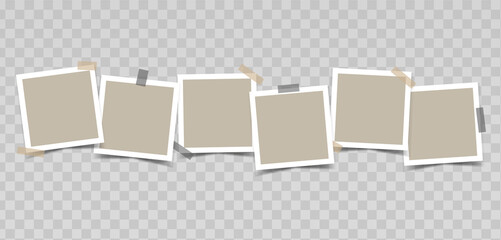 Beige empty photo frames with duct tape in a row. Vector realistic mockup for design, presentations, photos. Six square photo cards with white border. Blank Template. EPS10.
