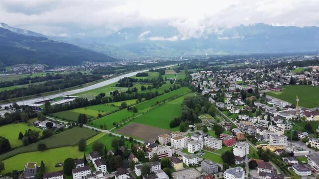 Aerial shot of Vaduz capital of Liechtenstein, Europe. City traffic.