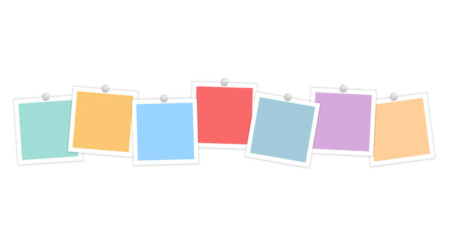 Multicolored empty photo frames on pins in a row. Vector realistic mockup. Colored posters or paper sheets for note, collage. Seven square photo cards with white border. Blank Template. EPS10.