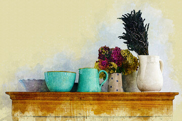 porcelain bowls with flowers on wooden commode in watercolor style