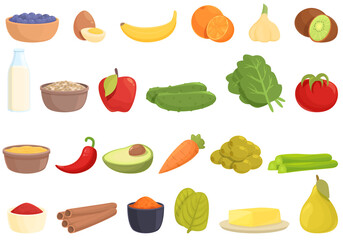 Ayurvedic diet icons set cartoon vector. Food eating. Holistic cooking