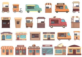 Street coffee icons set cartoon vector. Car van. Street truck