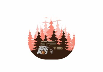 Camping beside the car in the forest illustration