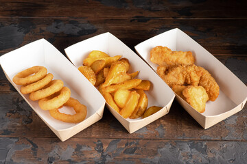 beer snacks, beer snacks fries on a wooden background