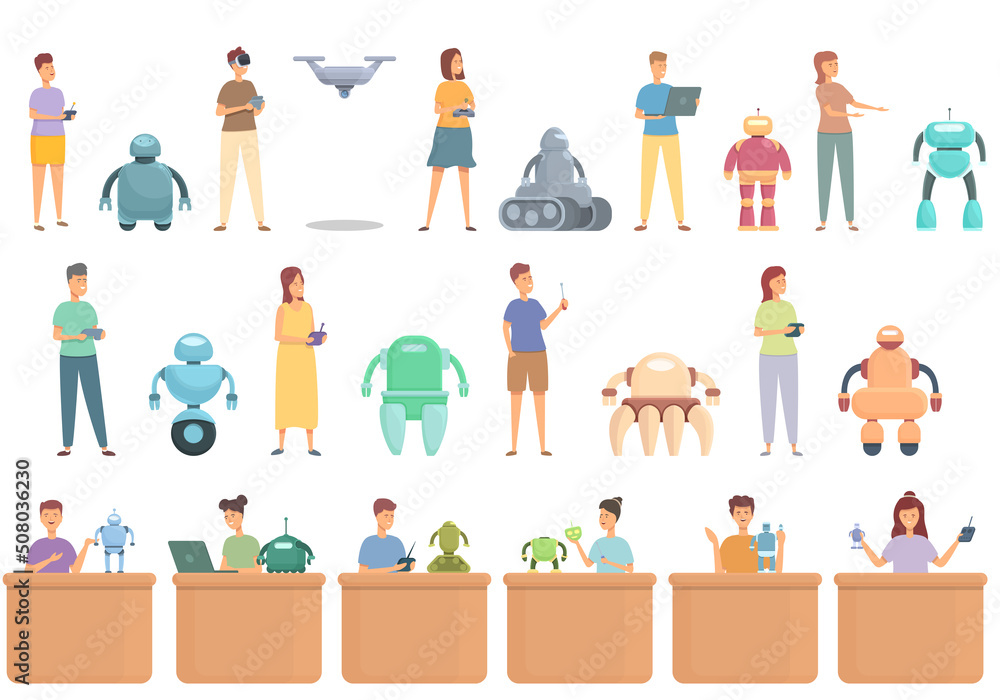 Poster robotics kids education icons set cartoon vector. robot program. engineer making
