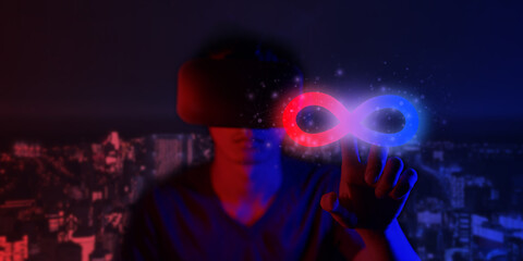 Plakat virtual reality infinity symbol community connection of metaverse world global network technology system and abstract loop sign element on innovation digital communication