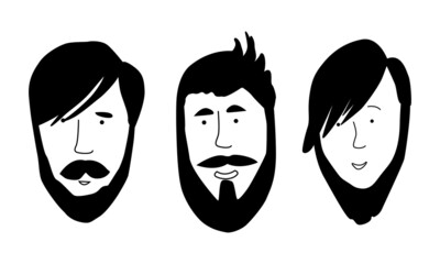 Vector set, trendy, modern bearded men, hipsters with different haircuts and beards. Silhouettes, emblems, badges, labels. Vector illustration in doodle style.