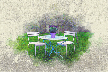 table with lavender and two chairs in a garden  in watercolors style