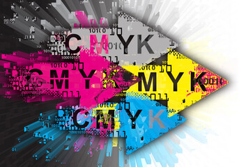 Expressive Arrows with binary codes, cmyk colors, print data. Grunge stylized arrow with binary codes and CMYK inscription.