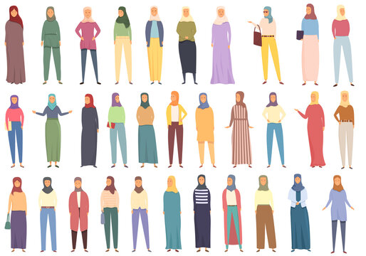 Muslim fashion icons set cartoon vector. Arab casual. Lady girl