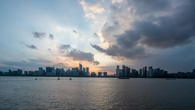 time lapse aerial view of cloud sky and modern cityscape of hangzhou qianjiang new city
