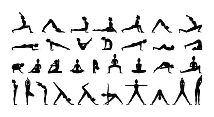 Young woman doing yoga or pilates exercises. Set of vector silhouette illustrations design isolated on white background. Icons, t-shirt graphics, print