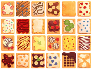 Belgian waffles icons set cartoon vector. Coffee appetizer. Cup belgium