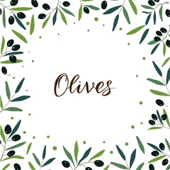 Square frame of olive branches. Vector template for logo, label, card, invitation, banner or poster for essential oil products or organic cosmetics.