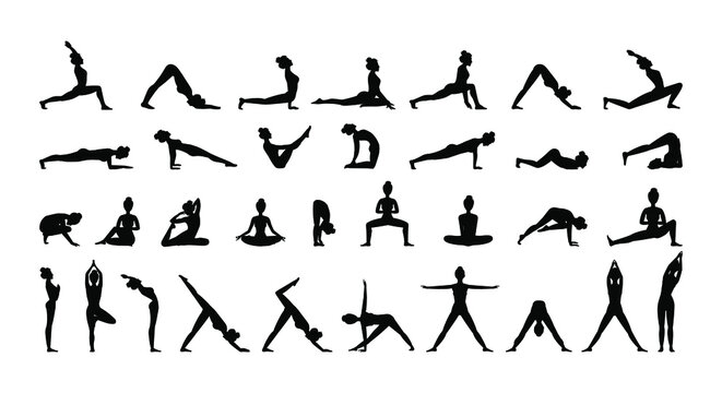 Young woman doing yoga or pilates exercises. Set of vector silhouette illustrations design isolated on white background. Icons, t-shirt graphics, print