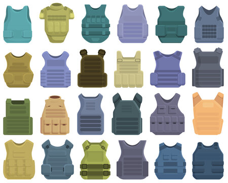Bulletproof vest icons set cartoon vector. Armor body. Bodyguard vest