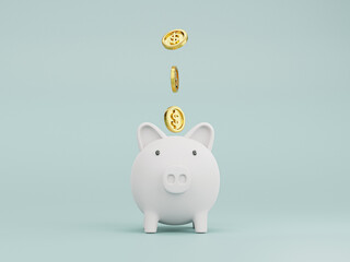 Golden coin flying to white piggy bank on blue background for money saving and deposit concept , creative ideas by 3D rendering technique.
