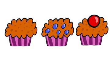 Drei unterschiedliche Muffins, Baubeere, Kirsche.