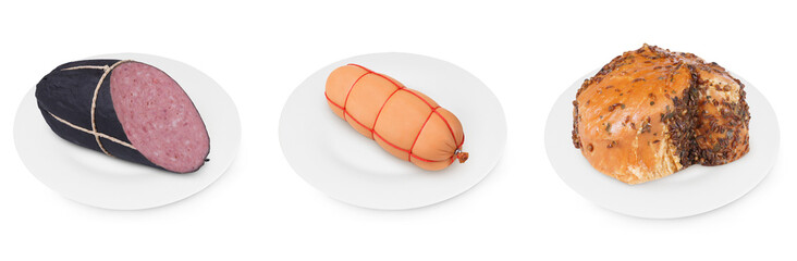 Set or collection of meat products on white plates on an isolated white background. Ham, smoked sausage, salami