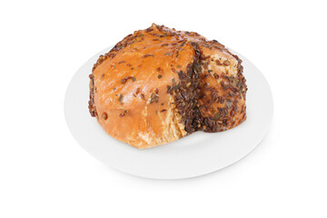 Seasoned ham on a white plate on an isolated white background.