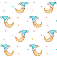 Seamless pattern with funny moons and stars; watercolor hand drawn illustration; with white isolated background - obrazy, fototapety, plakaty