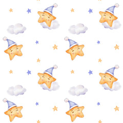 Seamless pattern with stars and clouds; watercolor hand drawn illustration; with white isolated background - obrazy, fototapety, plakaty