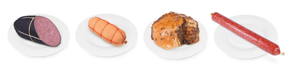 Set or collection of meat products on white plates on an isolated white background. Ham, smoked sausage, salami