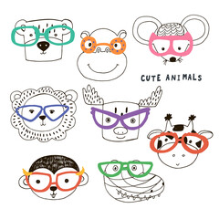 Animal funny faces with trendy glasses vector illustrations set