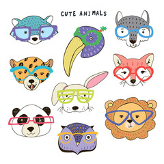Animal funny faces with trendy glasses vector illustrations set