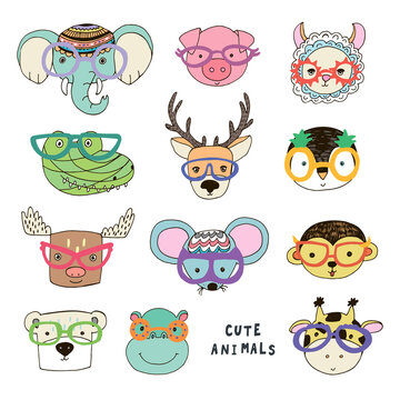 Animal funny faces with trendy glasses vector illustrations set