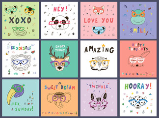 Animal funny faces with trendy glasses vector illustrations print set