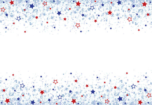 A blue glitter confetti border with red and blue stars on white
