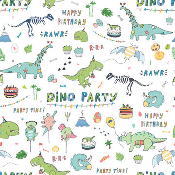 Birhday dinosaur celebration vector seamless pattern