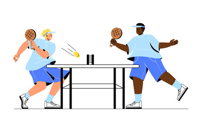 Fototapeta na wymiar Relaxing together at leisure time. Men with rackets play ping pong or table tennis. Active lifestyle or sport, ball competition. Friends rest indoor on weekend. Cartoon flat vector illustration