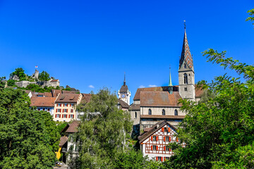 Stadt Baden, katholische Kirche, Stadtturm, Altstadt, Schlossberg, Ruine, Altstadthäuser, Aargau, Sommer, Schweiz