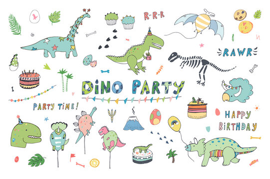 Birhday dinosaur celebration vector illustrations set