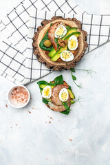 open sanwich with wholemeal bread, egg, spinach, avocado, shrimps, Ketogenic breakfast. superfood concept. Healthy, clean eating. vertical image. top view. place for text