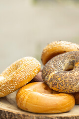 Set of fresh bagels on street
