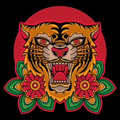 traditional tiger and flower tattoo